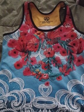 INKnBURN Blue Floral Tank Top with Red Flowers